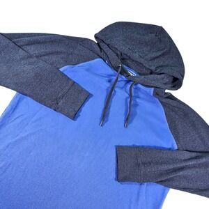 American Eagle Thermal Hoodie Mens L Blue Navy Raglan Waffle Knit Curved Hem